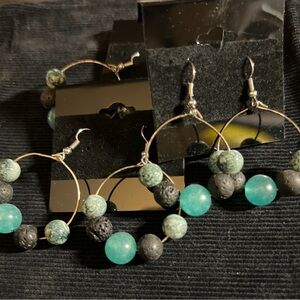 Essential Diffuser Hoop Earrings black & aqua beads and stones Handmade
